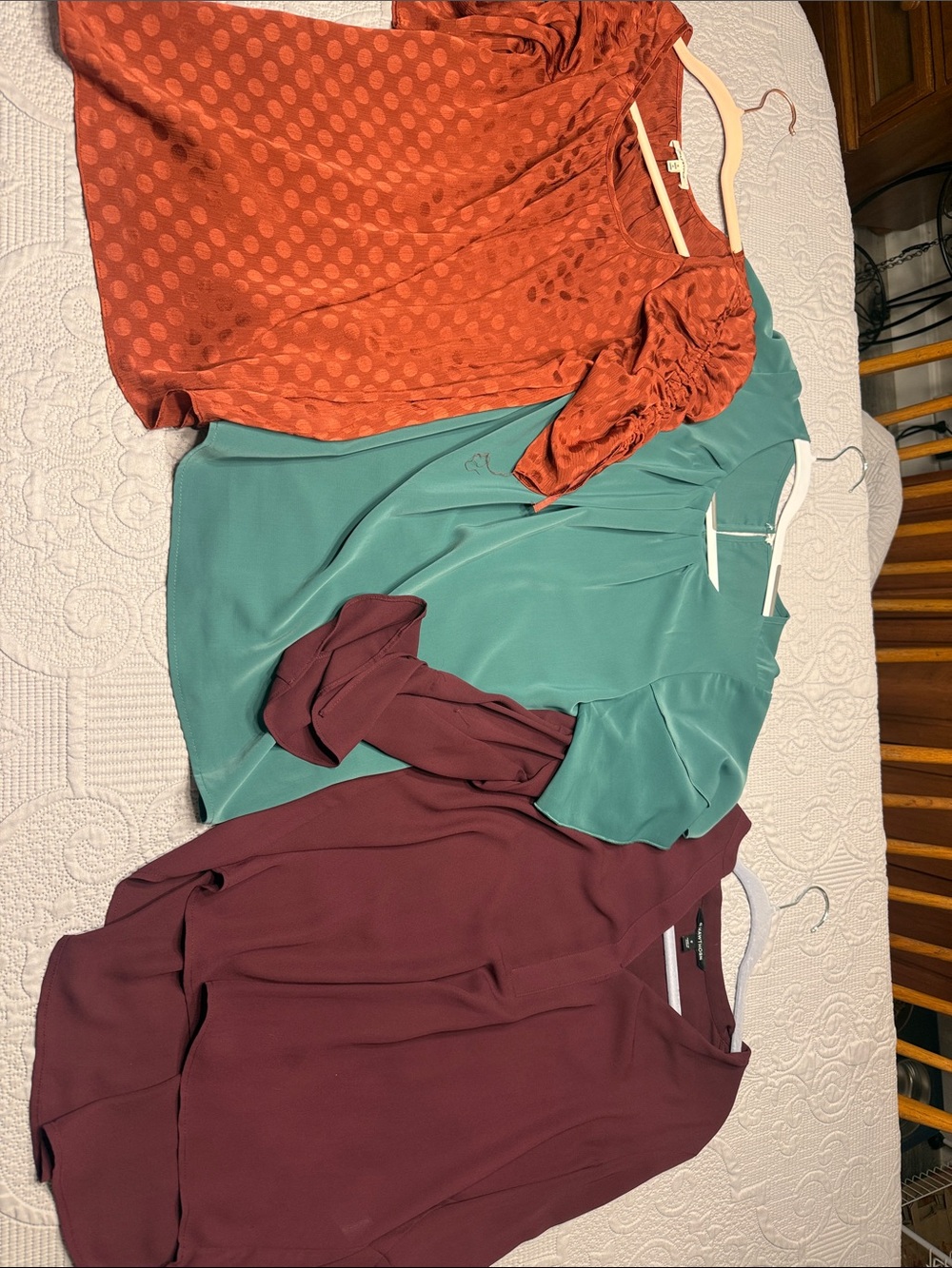 Three tops in fall colors: Rust Dot Blouse, Green Blouse, Burgundy Blouse